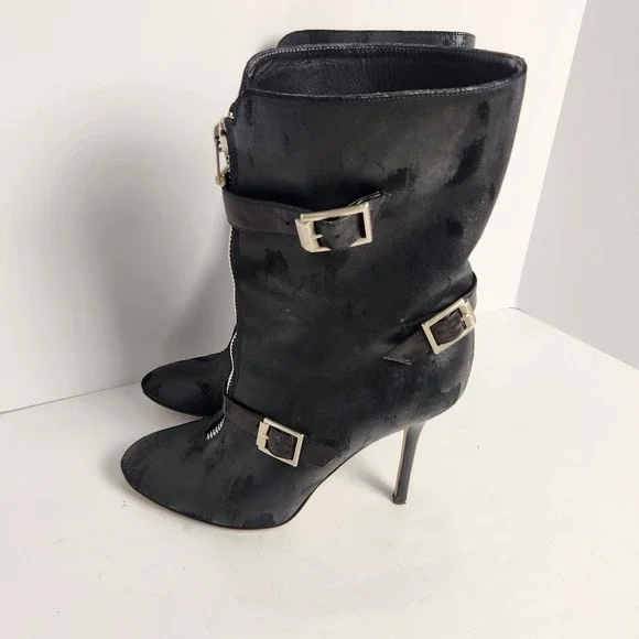 Jimmy Choo Women's Distressed Front Zip Black Leather Boots Size 37.5 (6.5-7) - Picture 2 of 14